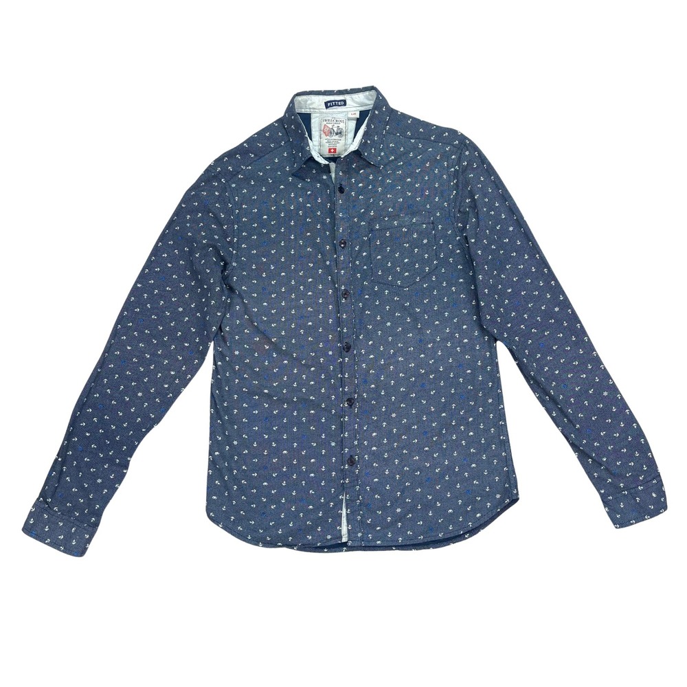 Mens Long Sleeve‎ Button Down Shirt Anchor Print Blue Size L